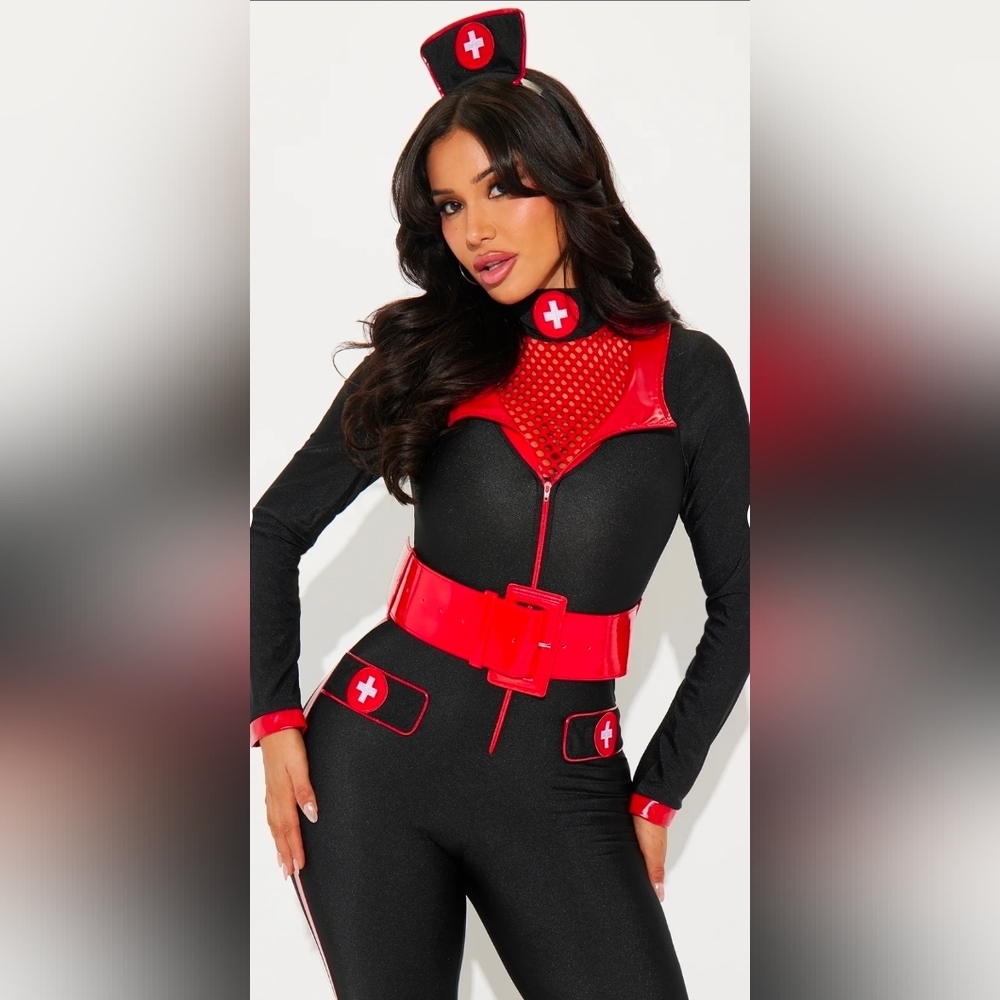 Sexy Nurse 3pcs Black and Red Jumpsuit Costume - Picture 3 of 4